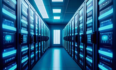 Fototapeta premium Data centers filled with rows and rows of servers as blinking light indicate constant processing, high detail, cinematic angle composition