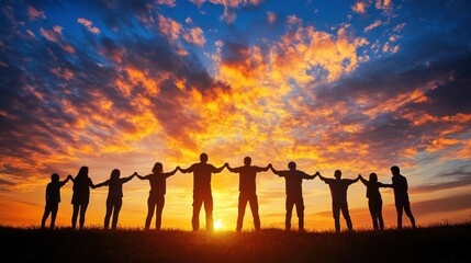 Silhouetted group holding hands at sunset.