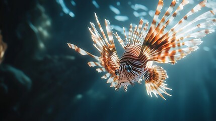 Underwater lionfish portrait, vibrant colors, detailed fins.