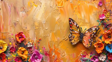 abstract rough brown butterfly and border colorful multicolored organic floral spring flowers, art painting texture, with oil acrylic brushstroke, pallet knife paint on canvas wallpaper, vertical