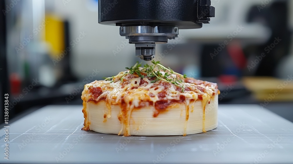 Poster 3d food printing technology creating a delicious pizza from scratch, layer by layer.