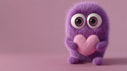Obraz premium Fluffy Purple Monster Holding Heart on Pink Background - Valentine's Day Design