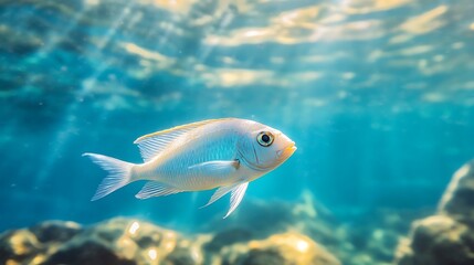 White Fish Underwater. Sunlight Underwater. Marine Life.