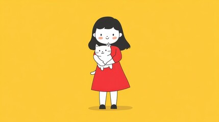 Fototapeta premium Smiling Girl in Red Dress Holding White Cat - Cute Child Illustration