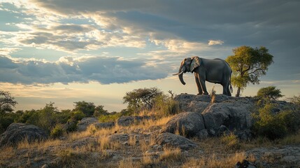 Naklejka premium Elephant stands on rocky hill at dusk.