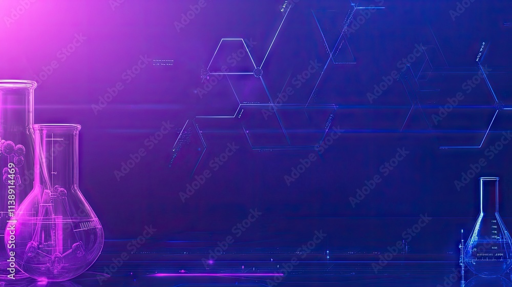 Poster abstract laboratory background with colorful glassware and hexagons