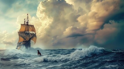 Obraz premium Columbus's day. Oil painting of Columbus's ship battling a fierce storm at sea. poster, cinematic, illustration, painting, wildlife photography