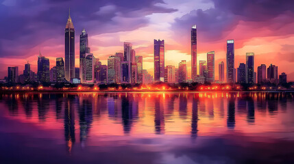 Fototapeta premium Frontal view of a city skyline during sunset, watercolor technique with soft blending of purples, reds, and golds, buildings illuminated with warm light reflections