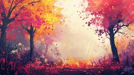 Hand painted landscape painting, colorful autumn trees. Semi abstract painting with yellow, red leaves. Autumn nature background. Hand painted impressionist