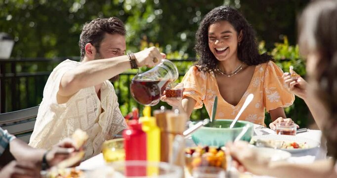 Food, drinks and barbecue with friends in garden for celebration, summer vacation or lunch. Party, bonding and eating with group of people on patio of home for social event, reunion and bbq together