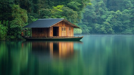 Obraz premium Wooden cabin on tranquil lake reflecting trees.