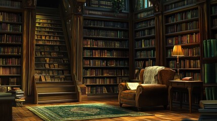 Cozy library with books, chair, lamp and stairs.