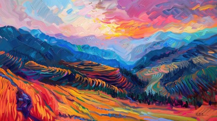 Oil painting. Harvest season in Mu Cang Chai rice terraces, northern Vietnam, South East Asia under the sunset. Use for wallpaper