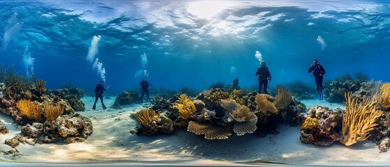 Divers explore vibrant coral reef in panoramic underwater scene.