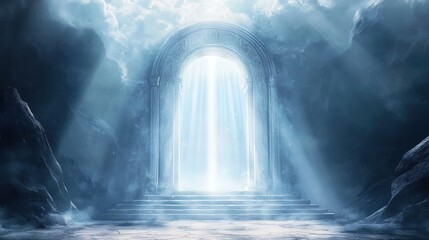 Fantasy light beams emanating from the gate of heaven in the ancient afterlife in white and blue, with a magical atmosphere of spirituality theme