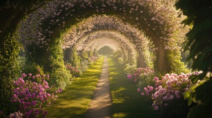 Flower arches create a path through a green garden.