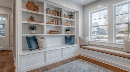 Fototapeta premium Built-in white bookcase with window seat and blue pillows in a bright room.