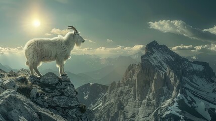 The mountain goat in 'Majestic Mountain', ascending the stone gray grand, breathtaking, and summit snow majestic mountain, with the sun illuminating the rugged, rocky terrain