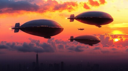 Obraz premium Soaring airships at sunset over new york city futuristic scene aerial view urban landscape for adventure seekers