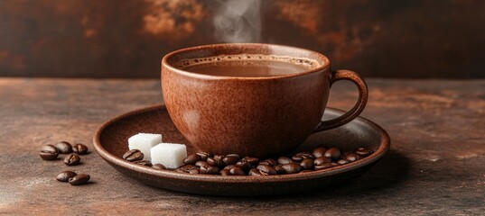 Steaming Cup Of Aromatic Black Coffee On A Rustic Table With Scattered Coffee Beans And Sugar Cubes
