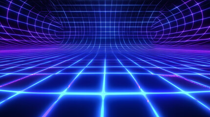Futuristic, blue digital grid background. network tech wallpaper. 3d render. Glowing. Illustration