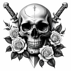 3D digital illustration art of Skull two Dagger Tattoo logo design, roses,  danger, scary and horror, t-shirt, print, stickers, vintage, black and white, Ai generated , Isolated on white background 