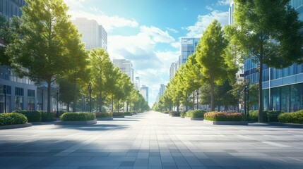 Sunlit city street with trees and modern buildings.