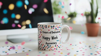 Happy work anniversary in the office. A festive mug celebrating a work anniversary, surrounded by colorful confetti and a lively workspace backdrop.