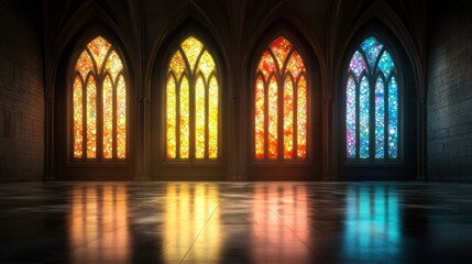 Obraz premium Radiant stained glass windows illuminating gothic architecture interior photography dimly lit artistic inspiration