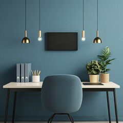Happy work anniversary in the office. A modern workspace featuring a desk, stylish chair, potted plants, and pendant lighting against a textured blue wall.