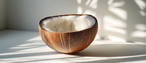 Fototapeta premium Empty coconut half shell on white surface with shadows.