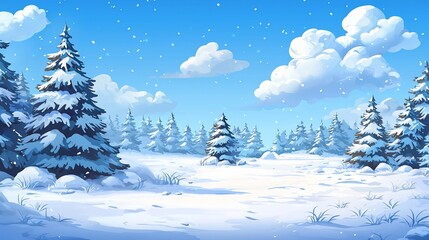 Snowy winter forest landscape with snow-covered pine trees under a bright blue sky.