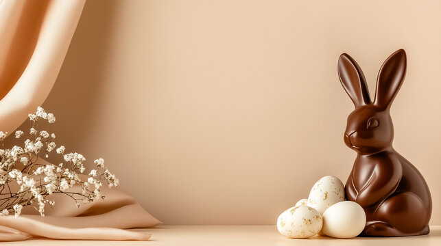 Charming chocolate bunny surrounded by blossoms and decorative eggs creates a serene and festive atmosphere for Easter