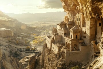 Ancient cliffside structure, desert landscape, golden sunlight.
