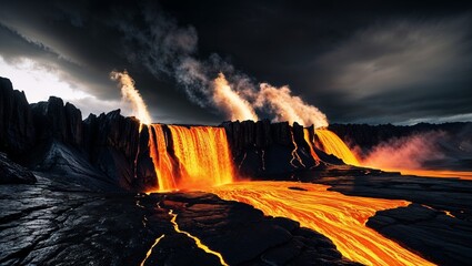 A fiery waterfall of molten lava cascades over jagged black cliffs, glowing intensely against a dark volcanic landscape.