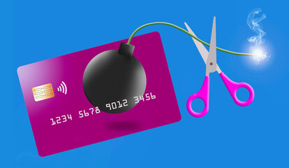 A maxed out credit card is a bomb ready to explode. Pay it down and pay it off to cut the burning fuse and stop the threat as seen in this 3d illustration.