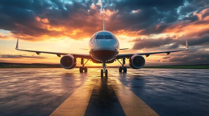 Airplane on Runway at Sunset. Concept of Travel, Transportation, and Adventure.
