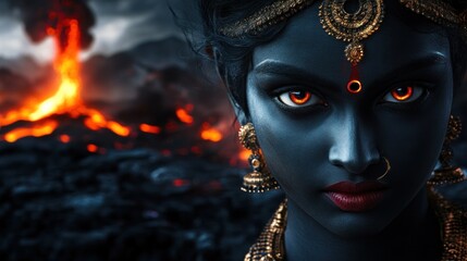 Dark skinned woman with bright orange eyes stares, volcano erupts in background.