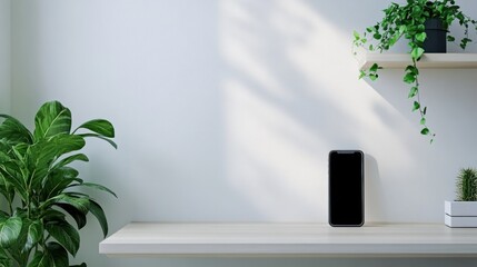 Smartphone mockup on a minimalist shelf with plants and sunlight.