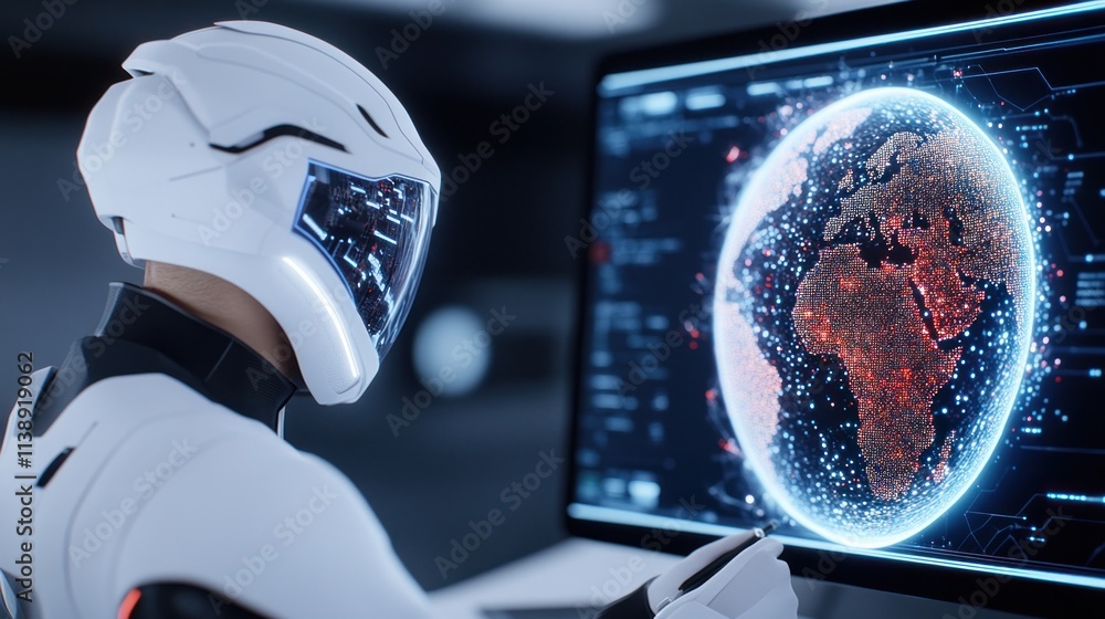 Poster a futuristic figure interacting with a digital globe interface.