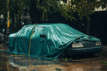 Rain-soaked car, covered, flooded street.