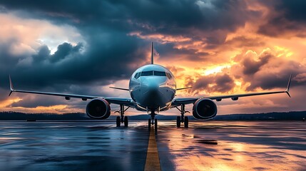 Airplane on Runway at Sunset with Dramatic Clouds. Concept of Travel, Aviation, and Adventure.