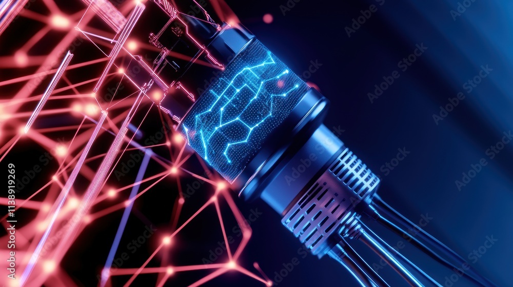 Poster abstract representation of technology with a glowing microphone.