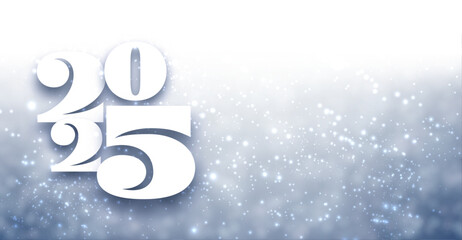 Elegant 2025 design featuring bold white text with a soft, snowy winter background. Perfect for New Year celebrations and seasonal designs.