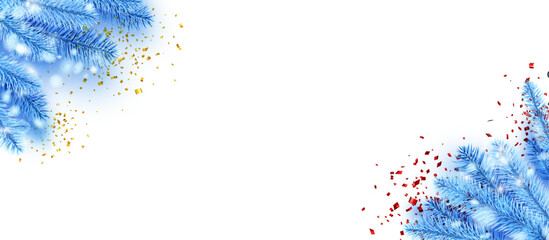 Festive blue pine branches adorned with gold and red confetti on a clean white background. Ideal for holiday or New Year designs.