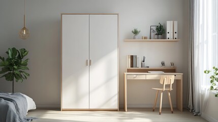 Fototapeta premium Minimalist bedroom with white wardrobe, desk, and chair.
