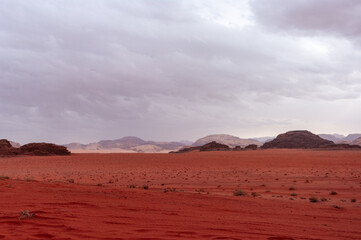 A desert landscape with a cloudy sky in the background