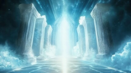Fantasy light beams emanating from the gate of heaven in the ancient afterlife in white and blue, with a magical atmosphere of spirituality theme
