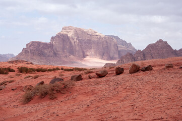 A desert landscape with a large mountain in the background
