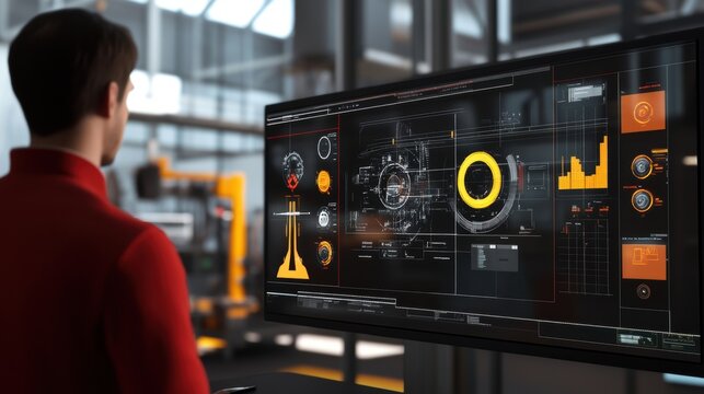 An interactive workstation where a digital interface showcases AR simulations of machinery operations with flashing indicators and animated diagrams illustrating workflows.